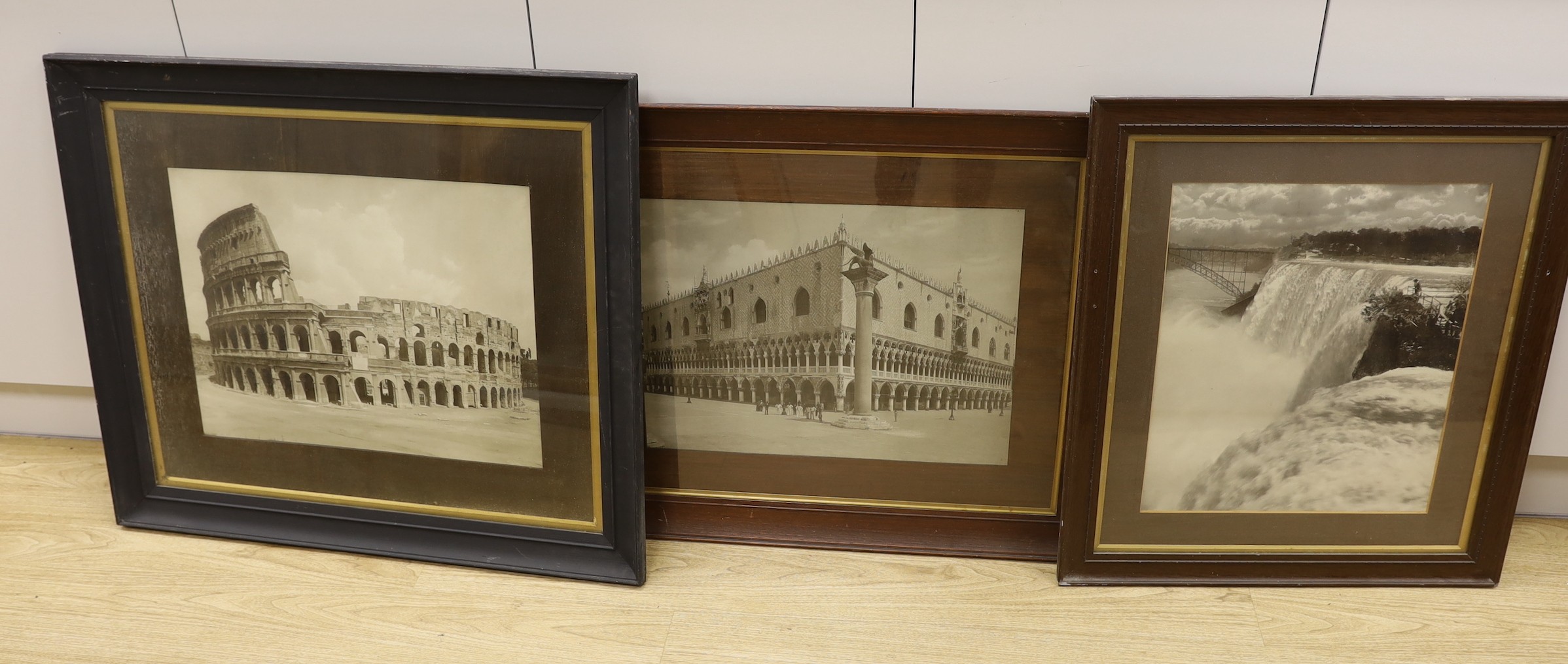 Three large format albumen print photographs comprising George Barker (1844-1894), Niagara Falls, 48 x 40cm The Colosseum and St. Mark’s Square Venice, c.1910, the former 41 x 54cm